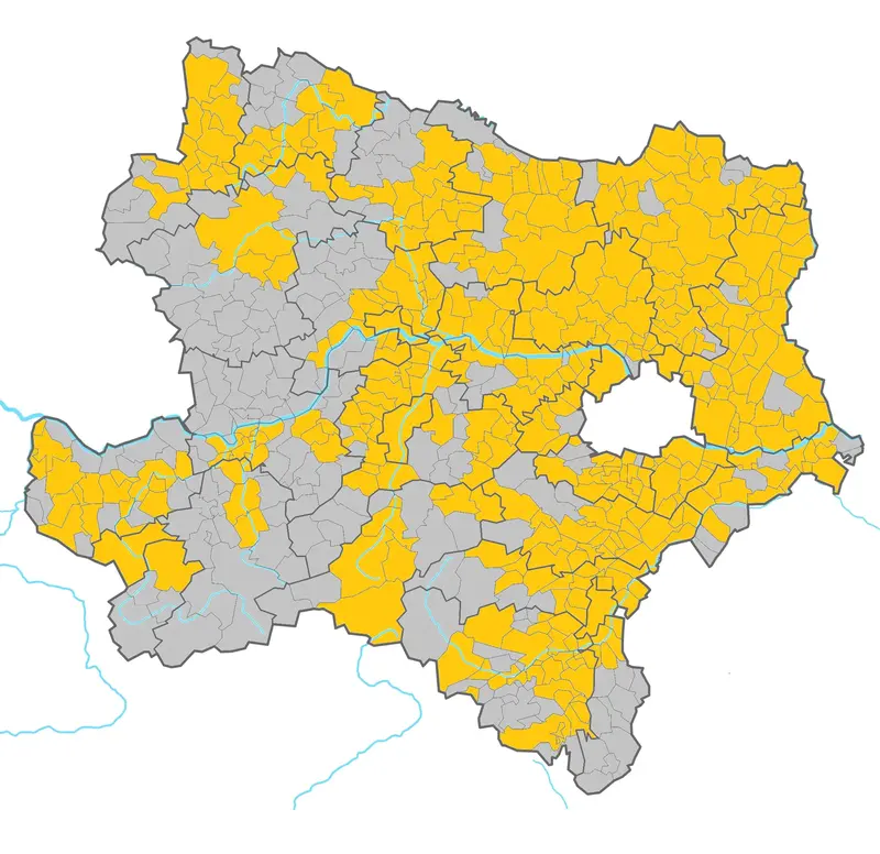 Übersichtskarte , der in Niederösterreich mit Gas versorgten Gemeinden.