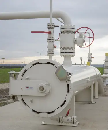 Weiße Gasanschlussstation vor einem grünen Feld. Im Hintergrund sind Windräder zu sehen..