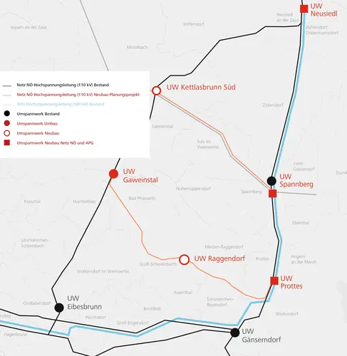 Grafik „Erneuerbaren Netz Weinviertel“: Gemeinsames Netzkonzept von APG und Netz NÖ, um den Ausbau von Wind und Photovoltaik im Weinviertel zu ermöglichen.
