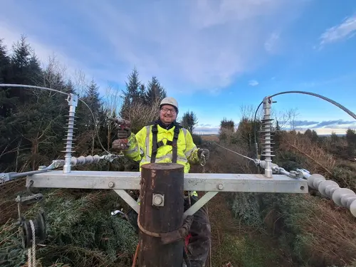 Ein Netz NÖ Mitarbeiter bei der Arbeit in luftigen Höhen.