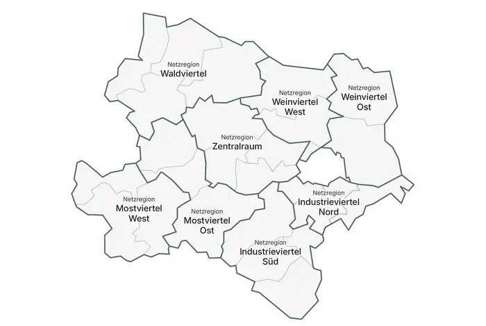 Die 8 Netzregionen teilen Niederösterreich.