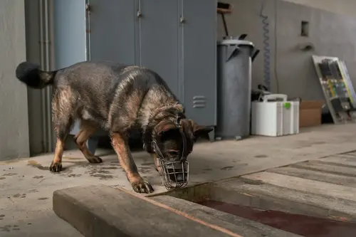 Die Polizeidiensthunde üben auch das Ausfindig machen von verletzten oder vermissten Personen in einer Werkstattgrube