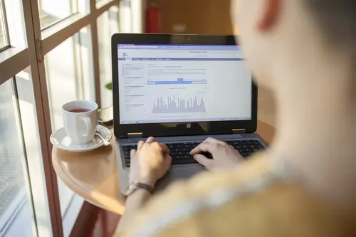Frau schreibt sieht auf Laptop Dashboard an.