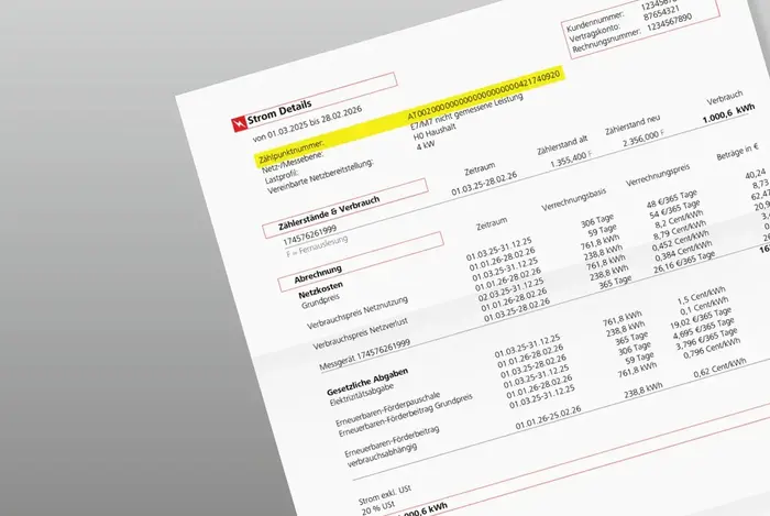Netz Niederösterreich Rechnung mit farblich hervorgehobener Zählpunkt-Nummer.